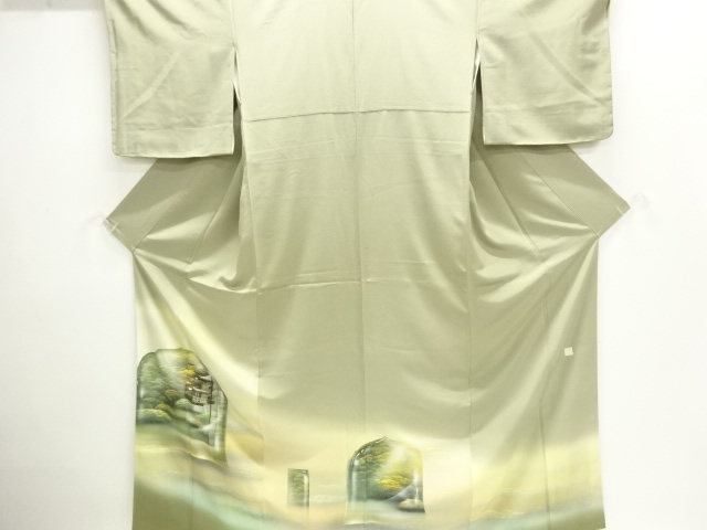 Artist's hand-painted kimono with hand-painted temple landscape design.